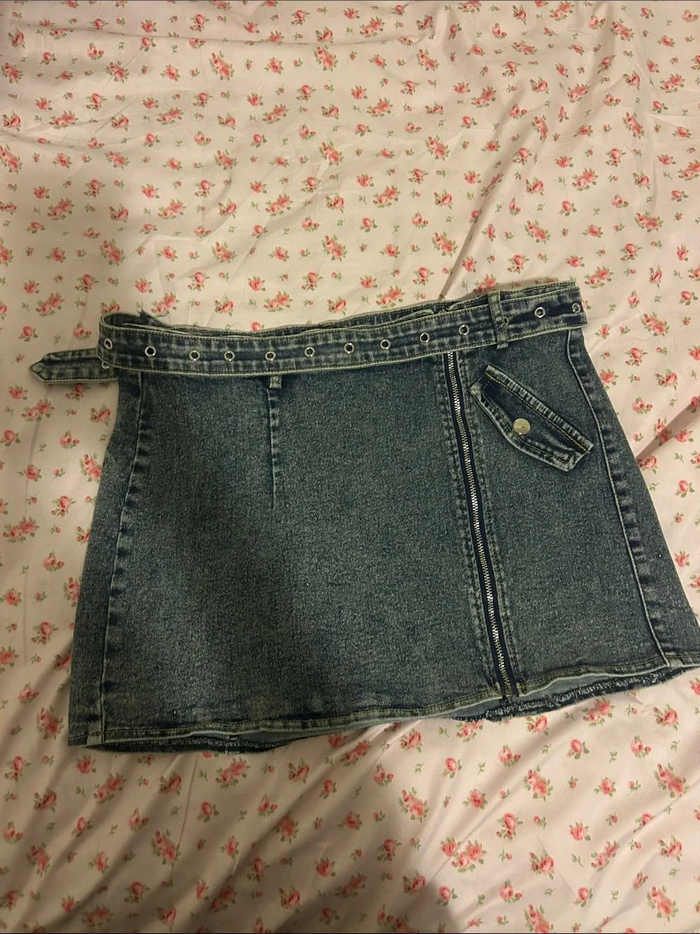 french kyss Blue Denim Mini Skirt with Grommet Waist